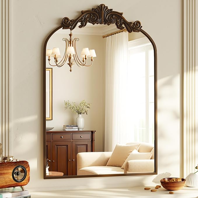 VooBang Vintage Arched Bathroom Mirror, 26x38 Inch Retro Wall Mounted Vanity Mirror with Carved Pattern Top and Metal Frame, Antique Decorative Mirror for Hanging or Leaning