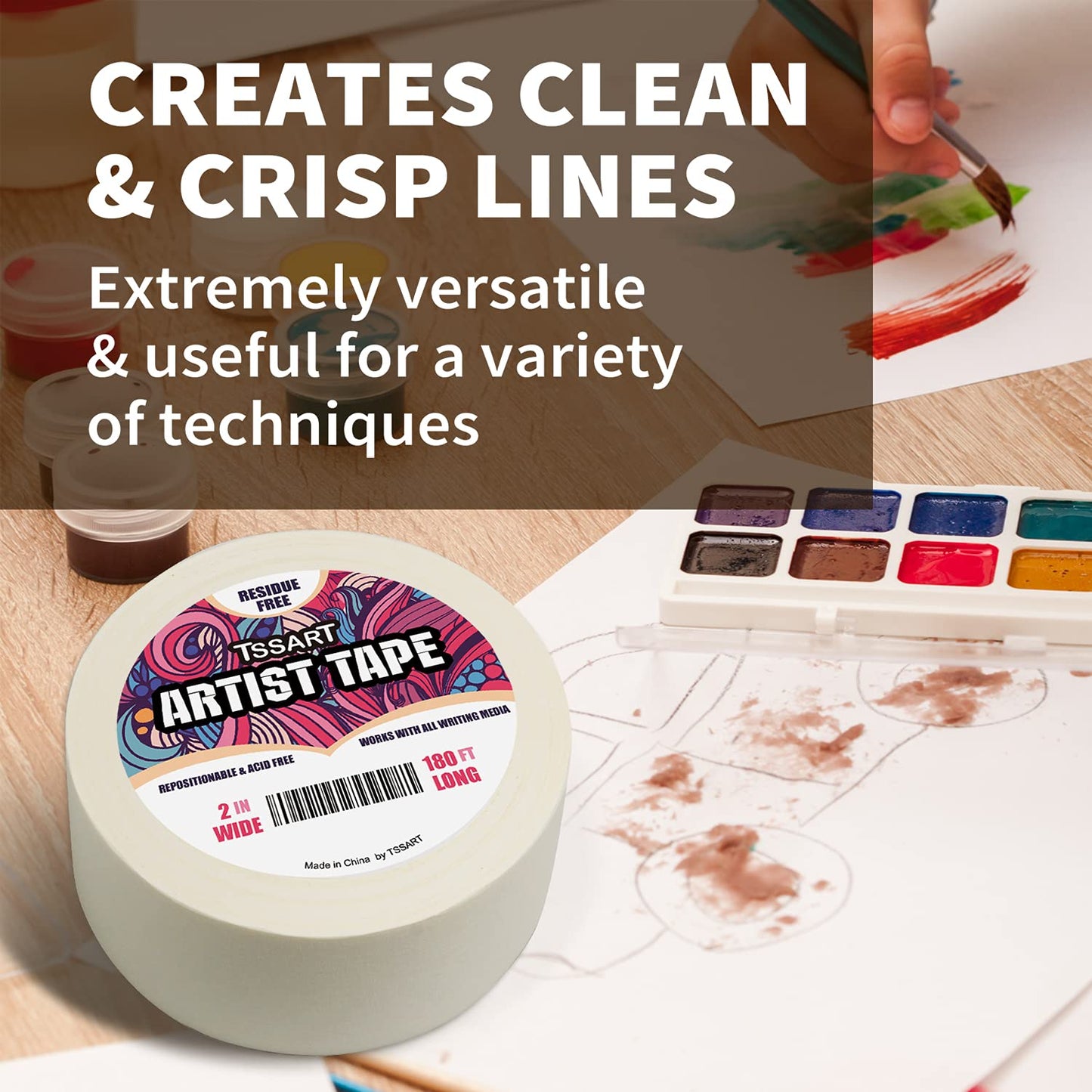 Skiennix White Artist Tape - Acid-Free Masking Tape for Watercolor Painting - 2 Inch Wide, 180FT Long