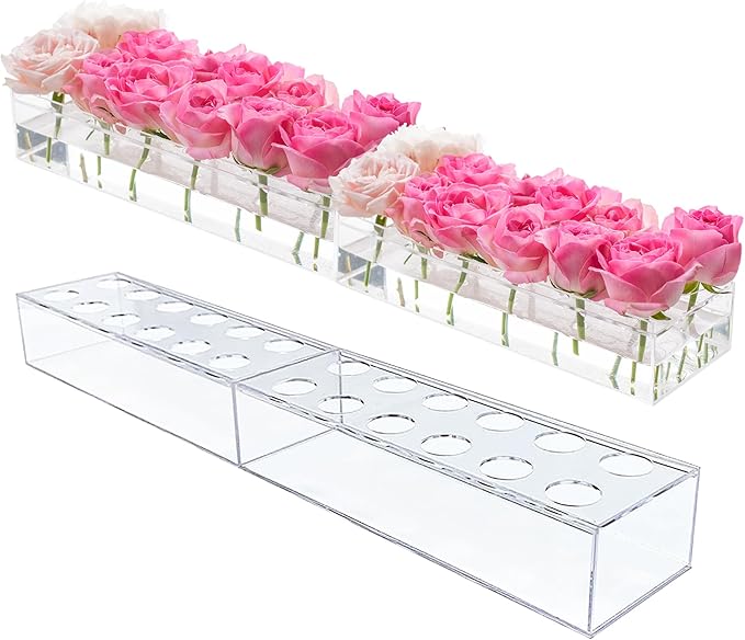 2Pcs Acrylic Flower Vase Rectangular Clear Acrylic Modern Vases- Total 24 Inches Long Rectangular Floral Centerpiece Low Decoration Vase for Dining Table Halloween Party Decor Wedding（24Holes）