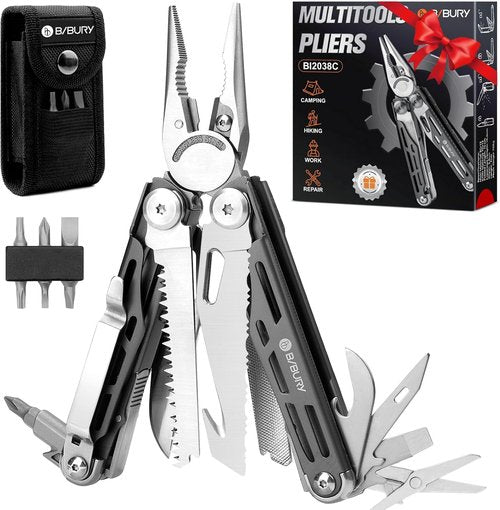 BIBURY 22-in-1 Stainless Steel Multitool - Foldable EDC Pocket Knife with Scissors & Sheath for Outdoor Survival