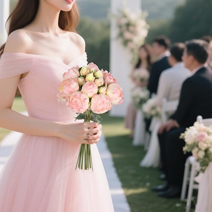 IPOPU Pink Peonies Artificial Flowers 2 Bouquets Silk Peonies with Stems Real Look 14PCS Fake Pink Flowers Centerpieces for Tables Wedding Bouquet Faux Flowers Crafts Floral Arrangement