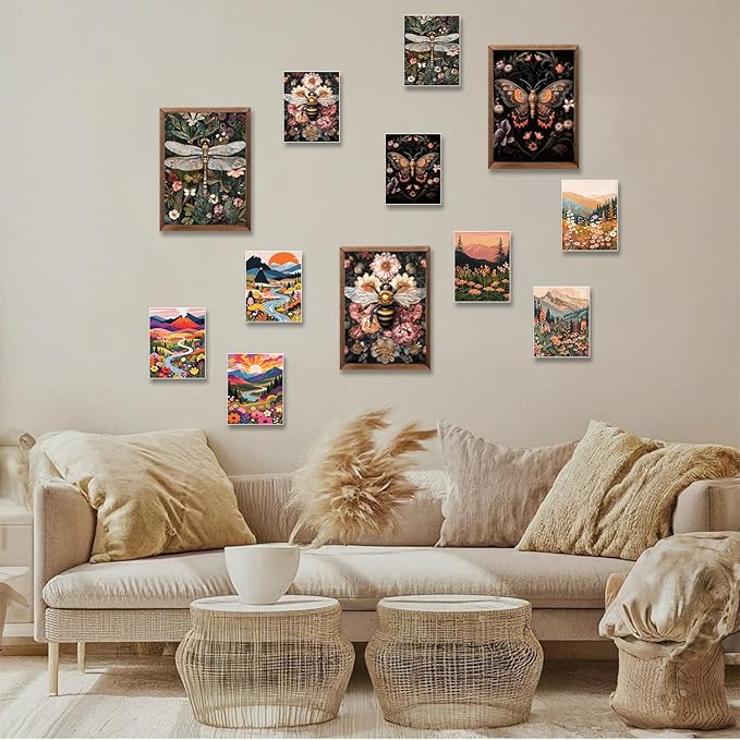 Retro Insect Bee Butterfly Dragonfly Wall Art Set Of 3 12x16In Wood Framed, with 9 Bonus Posters 8"x10", Nature plant Canvas Decoration Paintings Artwork for Office Bedroom Living Room Home Decor