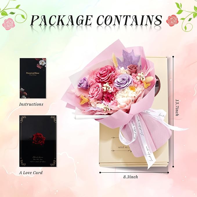 Preserved Flowers Roses Bouquet with Vases Real Pink Flowers for Delivery Prime, Forever Glitter Rose Bouquets Kit,Handmade Flowers Eternal Rosas,Gifts for Graduation Mom Women Birthday(Pink)