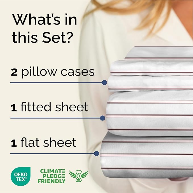 Striped Sheets - Red & White Striped Sheets - 1 Flat & 1 Fitted & 2 Pillowcases w/ Deep Pockets – Wrinkle & Fade Free - Ultra-Soft, Breathable & Cooling – Luxury Pinstripe Bedding - Queen Size Bed Set