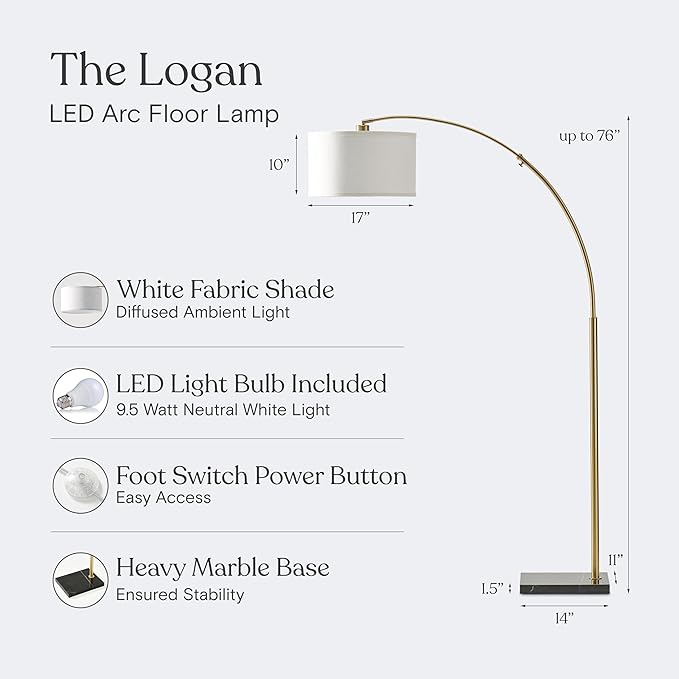 Brightech Logan Arc Floor Lamp, Bright Standing Lamp for Living Rooms, Offices & Bedrooms, Modern Living Room Décor, Tall Hanging Floor Lamp for Reading and More – Gold/Brass