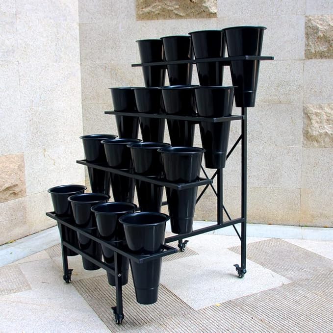 Zhongma Flower Display Stand with 16pcs Plastic Buckets for Fresh Flowers Heavy Duty Garden Cart Moving Flower Bucket Stand with Wheels