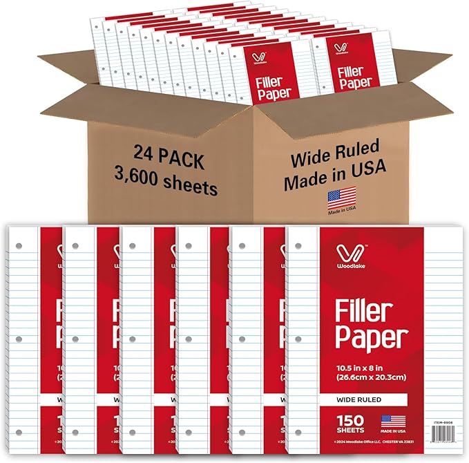 Woodlake Loose Leaf Paper, Wide Ruled Notebook Paper Bulk, 8 x 10.5”, 150 Sheets per Pack, 24 Pack, 3600 Sheets, Lined Filler Paper, 3 Hole Punched, 60gsm, Made in USA
