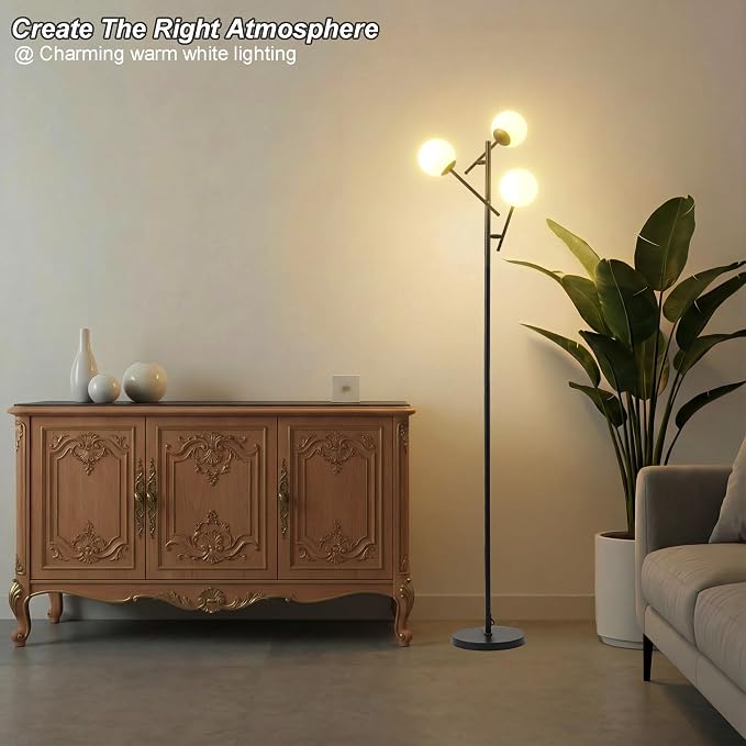 Fiqevs Mid Century Modern Floor Lamp -3 Adjustable Globe Lamps, Including LED Bulbs, Black Standing Light for Living Rooms bedrooms