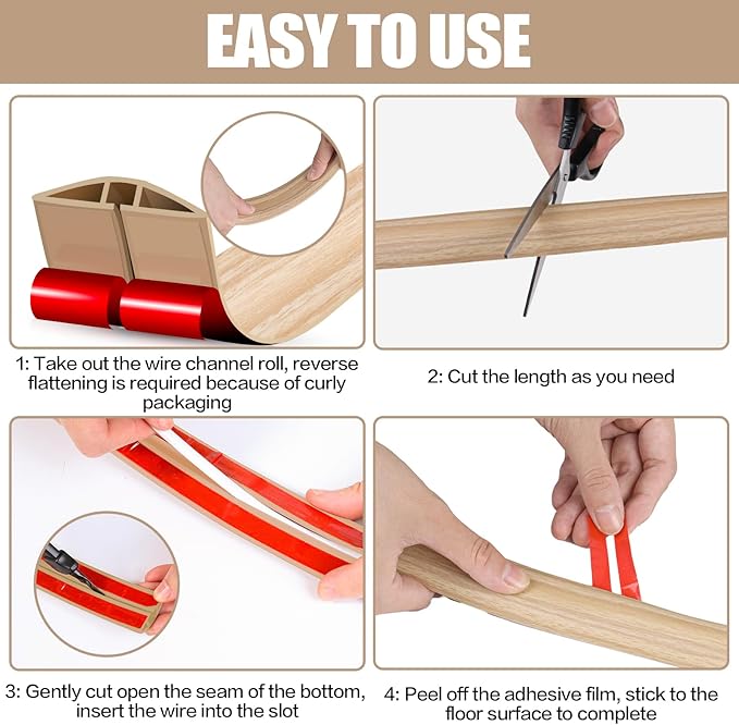 Floor Cord Cover Cavity 0.8"x0.37" Self Adhesive Cord Hider, 10FT Low Profile Cable Management, Extension Strip Protector for Wires, Prevent Cable Trips for Offices, Gyms,(Wood Light Yellow)