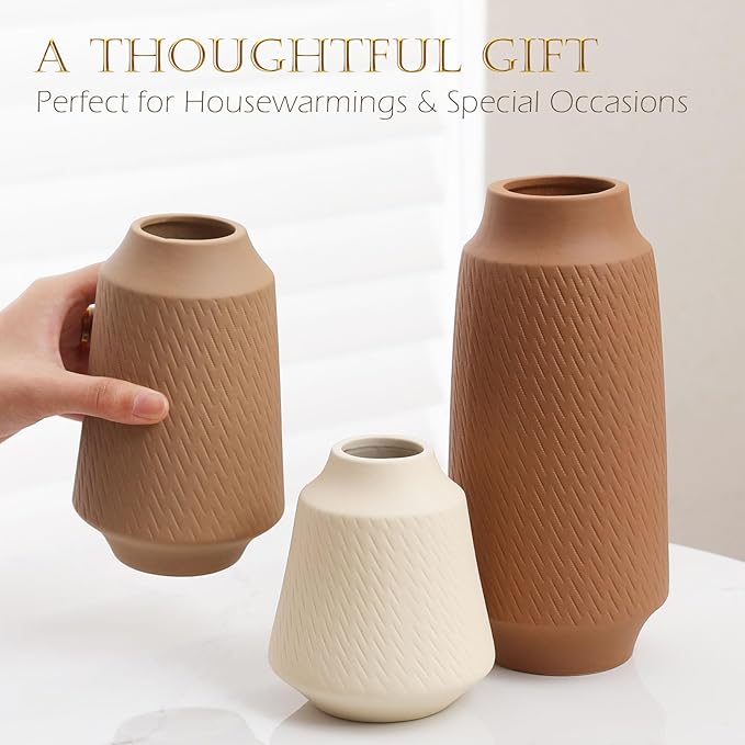 Ceramic Vase Set of 3 - Handcrafted Ceramic Vases for Home Decor & Shelf - Modern Farmhouse Decor for Kitchen, Office, Bedroom & Living Room Decorative Objects for Mantel, Table Centerpieces