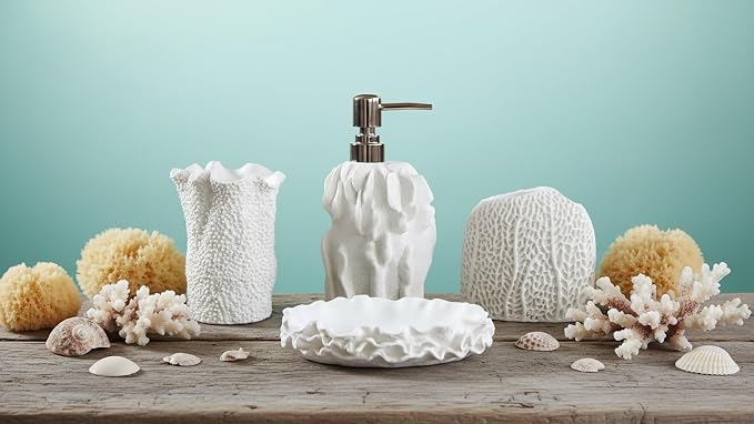 Hymmah Bathroom Accessories Set,Coral Seashell Design Toothbrush Holder,Farmhouse Bathroom Decor,4 Pcs Resin Gift Set Apartment Necessities, Contain Toothbrush Cup,Soap Dispenser,Soap Dish,Tumbler