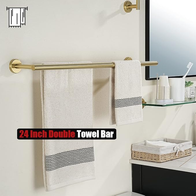 JQK Double Towel Bar 27 Inch, Brass Gold Useable Length 24 Inch 304 Stainless Steel Thicken 0.8mm Bath Towel Rack for Bathroom, Towel Holder Wall Mount 2 Pack, TB100L24-BG-P2