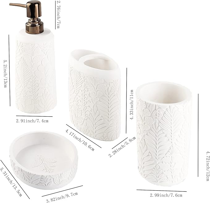 Hymmah Bathroom Accessories Set,Toothbrush Holder,Farmhouse Decor,4 Pcs Resin Gift Apartment Necessities, Contain Toothbrush Cup,Soap Dispenser & Dish,Tumbler