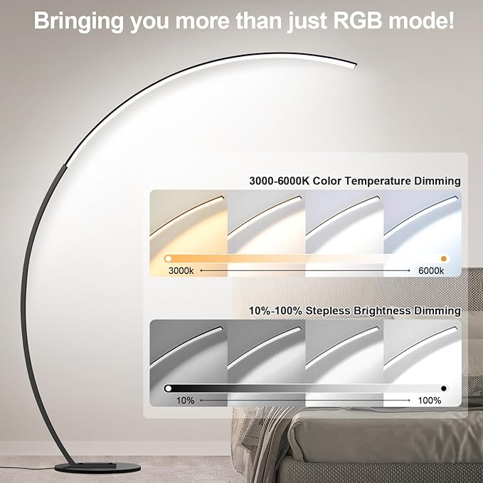 RGB Floor Lamp with 3 Color Temperatures, Ultra Bright 1800LM Smart Arc LED Floor Lamp with Remote Control, Music Sync, Scene Modes, Modern Standing Tall Lamp for Bedroom Living Room Gaming Rooms