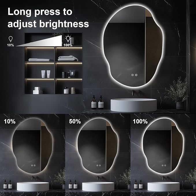 Asymmetrical LED Bathroom Mirror with Lights,Irregular Led Bathroom Vanity Mirror for Wall with Backlit, Anti Fog, 3 Colors and Dimmable Light,[Horizontal/Vertical] 40" H x 30" W
