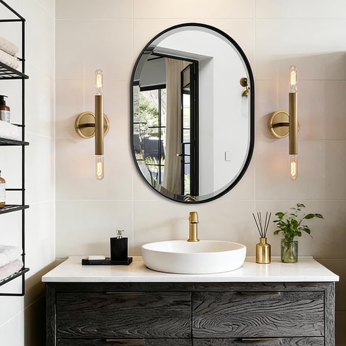 POZINO Oval Beveled Mirror, 22"x30" Bathroom Vanity Mirror Over Sink, Pill Shaped Capsule Wall Mounted Mirrors, Modern Oblong Mirrors for Living Room Bedroom Entryway, Hangs Vertically or Horizontally