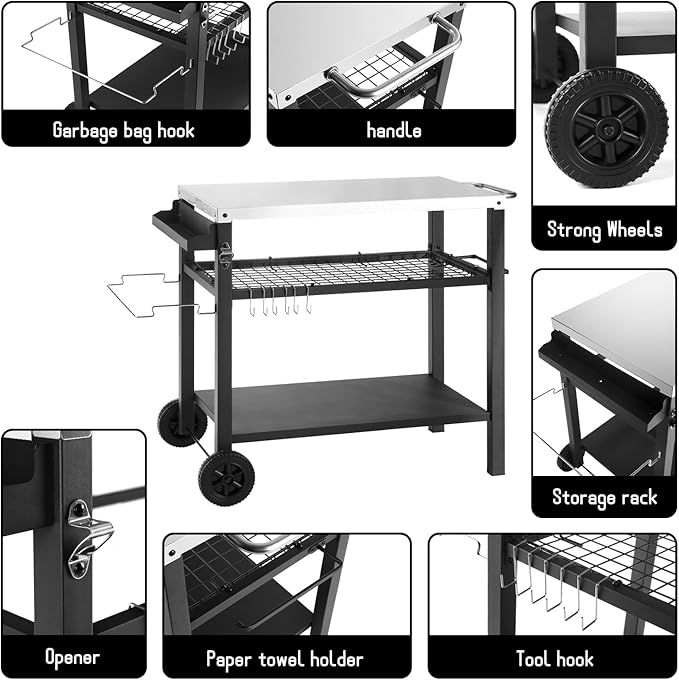 DNKMOR Dining Cart Table with Three Shelf, Movable Outdoor BBQ Grill Table Pizza Oven Stand with Three Hooks, Kitchen Cart Island Multifunctional Food Prep Table for Inside and Outside (Sliver)