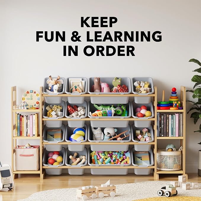 SpaceAid Toy Storage Organizer with 6 Shelves and 16 Bins, Toy Organizers Storage Bookshelf, Kids Bin Shelf Toys Box Bookcase for Bedroom Playroom Organization Room Decor, Neutral Gray