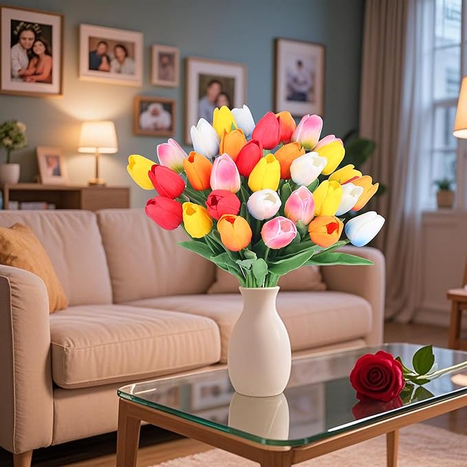 20pcs Color Artificial Tulips Flowers for Real Touch Tulips Fake Flowers for Smumer Wedding Bouquet Mother's Day Decor (5 Color 14 Inches)