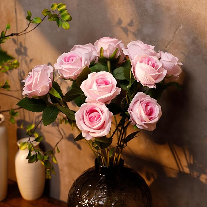 12 Pcs Artificial Rose Flowers, Silk Roses with Long Stems, Realistic Fake Roses for Wedding Centerpiece Party Home and Office DIY Decor, Pink