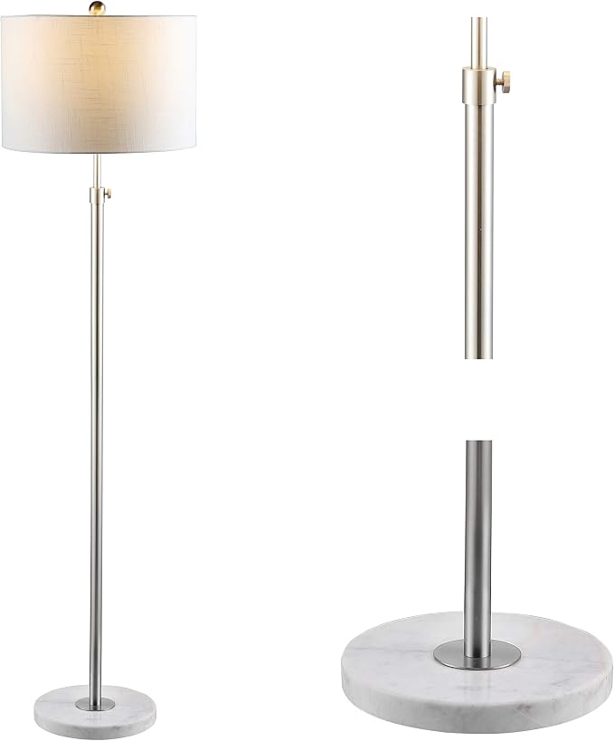 JONATHAN Y 66" Chrome and White Marble Adjustable LED Floor Lamp, Modern Glam Standing Light for Living Room Bedroom, White Linen Shade, Bulb Included (JYL3022C)