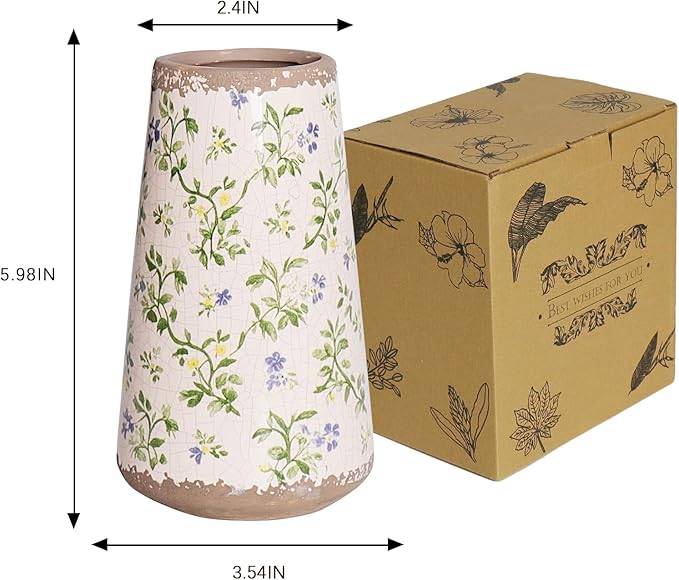 Vintage Ceramic Flower Vase with Floral Crackle Glaze, Rustic Farmhouse Decorative Vase for Home Décor, Table Centerpiece for Mother’s Day, Birthday, or Housewarming