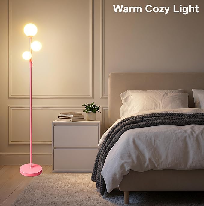 Fiqevs Modern Pink Globe Floor Lamp with Frosted Glass Shade and LED Bulbs, Dimmable Elegant Standing Lamp with Foot Pedal, Tall Pole Lamp for Girls Room, Bedrooms, Office
