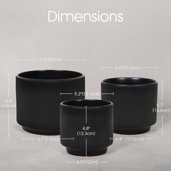 Oakrain Plant Pots Set of 3 with Vertical Stripes 7.8/6.5/5.2 inch, Modern Decorative Planters for Indoor Outdoor Plants, Garden Flower Pot with Drainage Holes, Ceramic Black