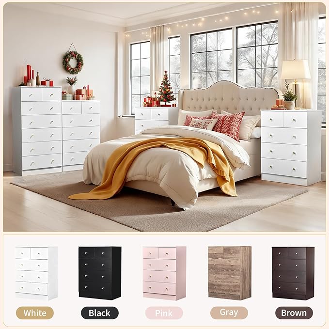 Karl home White 5 Drawer Dresser for Bedroom, Tall Dresser Chest of Drawers, Rustic Wood Bedroom Dressers Clothes Organizer, Anti-Tipping Device, Rose Gold Metal Handle, Living Room, Entryway, Office
