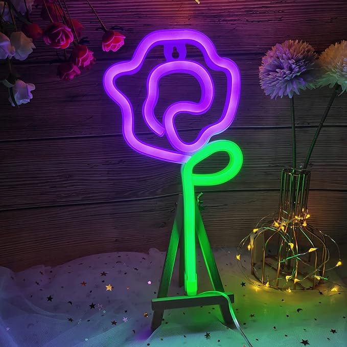 ENUOLI LED Neon Pink Rose Flower with Green Stem Wall Sign for Cool Light, Wall Art, Bedroom Decorations, Home Accessories, Party, and Holiday Decor Valentine's Day Present(Purple Rose)