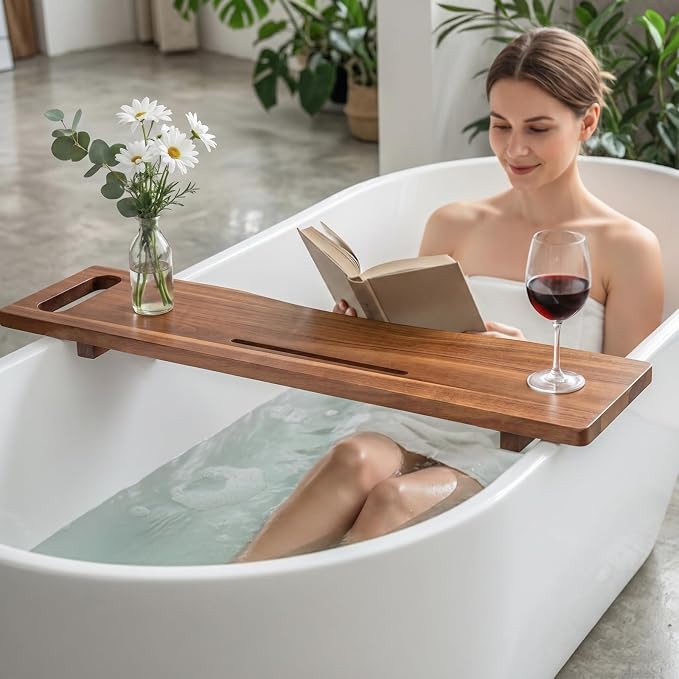 Acacia Wood Bathtub Tray Caddy for Freestanding Tub, 39" L with Handles Adjustable Bath Tray for Tub, Luxury Spa Bathroom Tray Organizer Table, Bath Tub Accessories for Women, Housewarming Gifts