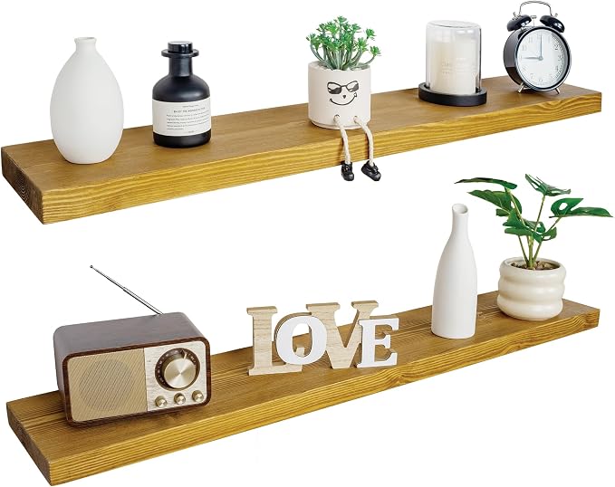 BGMG Floating Shelves 48 Inch Long, Wide Rustic Wooden Wall Shelves for Bathroom Living Room Bedroom Kitchen Farmhouse Set of 2-48x6.7x1.25 Inch - Rustic Brown