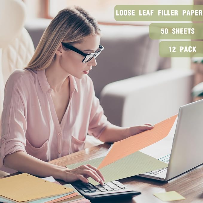 PerKoop 600 Sheets Colored Loose Leaf Paper 8.5" x 11" college ruled Lined 3 Hole Punched notebook Filler Paper for 3 Ring Binders Office School Supplies (Muted Colors)