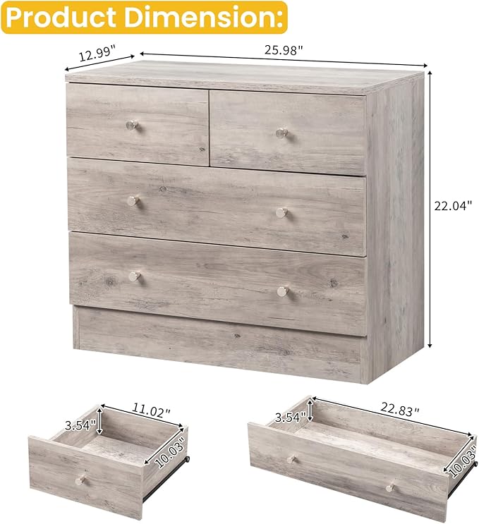 Karl home Grey 4 Drawer Dresser for Bedroom, Modern Wood Dresser Chest of Drawers, Rustic Bedroom Dressers Nightstand, Anti-Tipping Device, Rose Gold Metal Handle, Living Room, Hallway, Office