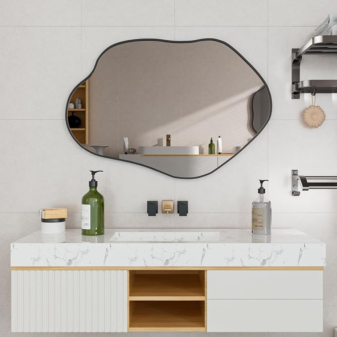 41"x28" Irregular Wall Mirror Cloud Asymmetrical Shaped Black Aluminum Alloy Framed Mirror for Living Room Bathroom Bedroom Entryway Fireplace
