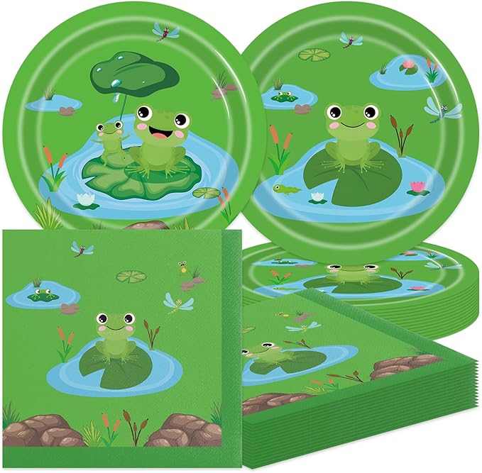 Frog Birthday Decorations 40Pcs Green Birthday Paper Plates and Napkins Supplies Frog Party Decorations for Baby Shower Party Favors