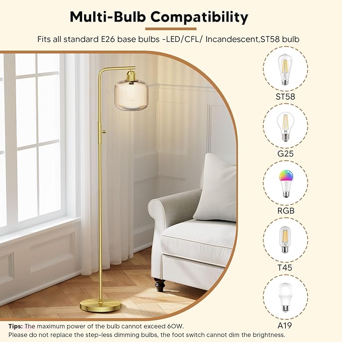 Glass Floor Lamp for Living Room, Modern Standing Lamp with Champagne Gold Ribbed Glass Lampshade, Stepless Dimmable Rotary Switch, 66” Tall Lamp & Gold Floor Lamp for Bedroom Study Room,Brushed Gold