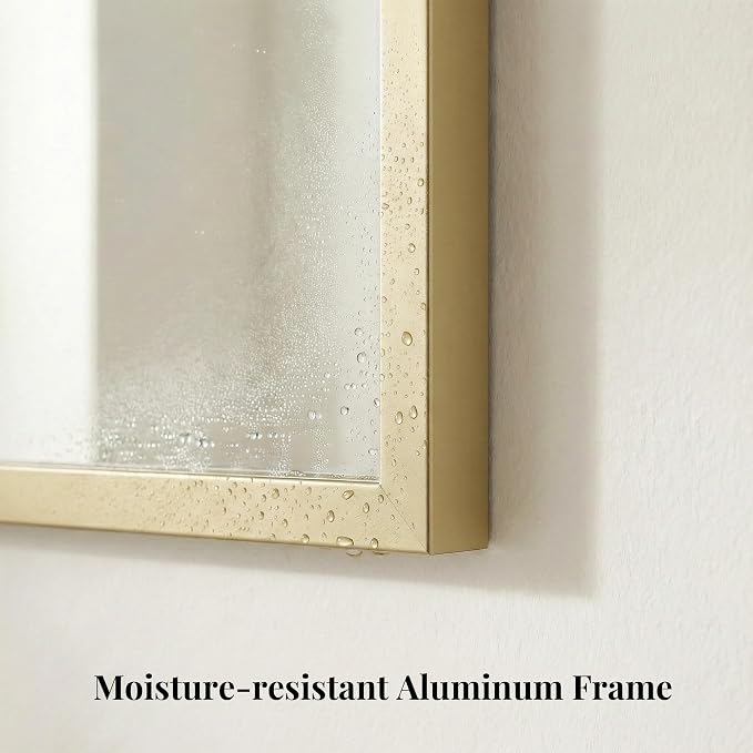 30"x30" Square Gold Bathroom Mirror, Shatterproof Tempered Glass, Brass Tone Geometric Narrow Frame, Ultra-Flush Wall-Mounted