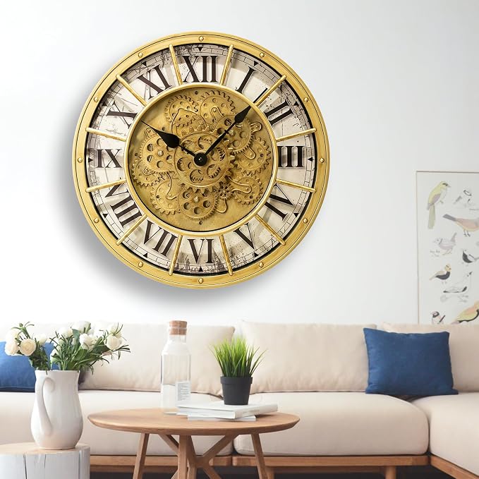 18 Inch Large Gear Clock with Realistic Moving Gears Industrial-Style Steampunk Wall Decor Clock Ideal for Living Rooms, Home Offices, Factories, Bedrooms, Warehouses, and Cabins (Gold White, 18 inch)