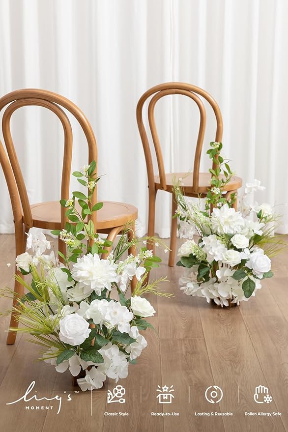 Ling's Moment 17.5" Tall Free Standing Artificial Flowers Arrangements 2 pcs Wedding Aisle Runner Chair Decorations Lily White Green Centerpieces for Ceremony Reception Rose Floral Floor Party Outdoor