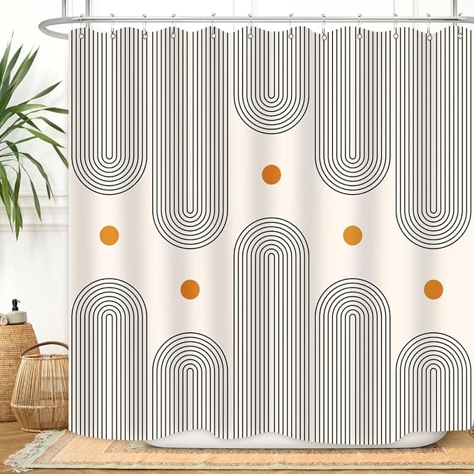 Mid Century Shower Curtain Boho Minimalist Abstract Arch Sun Simple Lines Geometric Modern Beige Bathroom Decor Waterproof Fabric 72Lx72W Inch with 12pcs Plastic Hooks