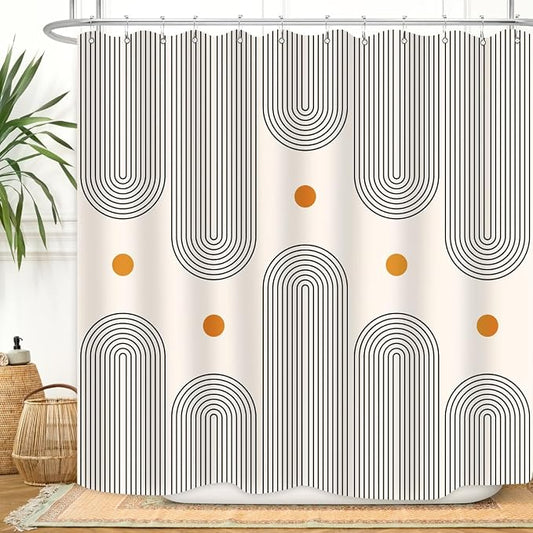 Mid Century Shower Curtain Boho Minimalist Abstract Arch Sun Simple Lines Geometric Modern Beige Bathroom Decor Waterproof Fabric 72Lx72W Inch with 12pcs Plastic Hooks