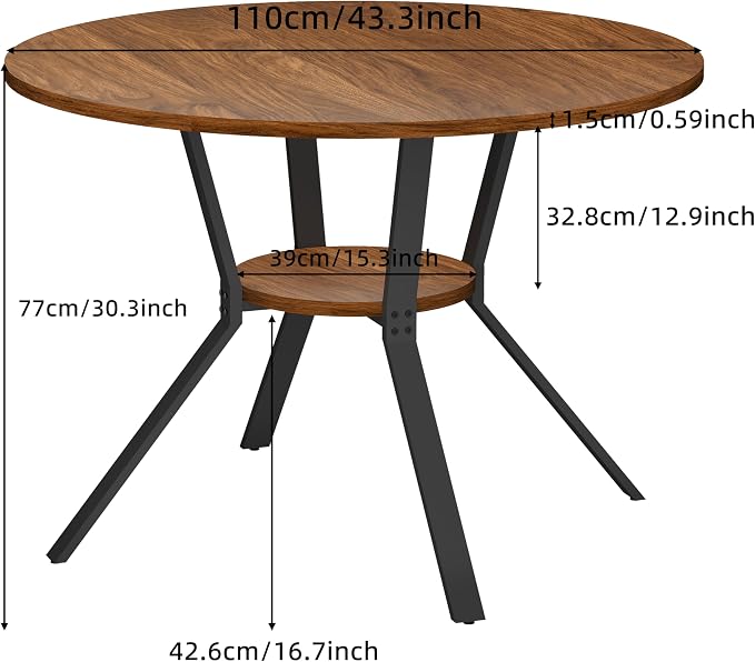 Wildhome Round Dining Table for 2-4, 43 Inch Dining Room Kitchen Table with 1-Tier Storage Shelf, Modern Farmhouse Dinner Furniture with Adjustable feet,Oval Circle (43in-Walnut)
