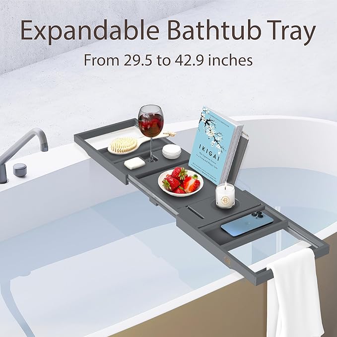 Gray Bathtub Tray for Tub - Grey Bamboo Bath Tray, Expandable Wooden Bath Caddy Tray with Wine Holder, Book and Tablet Stand, Bathroom Accessories, Tub Table, Bridal Shower Gifts for Women