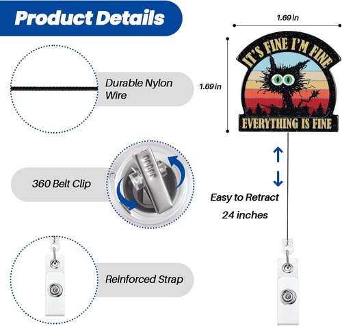 Funny Badge Reel - It's Fine I'm Fine Design | Retractable ID Holder for Nurses, Teachers & Medical Workers