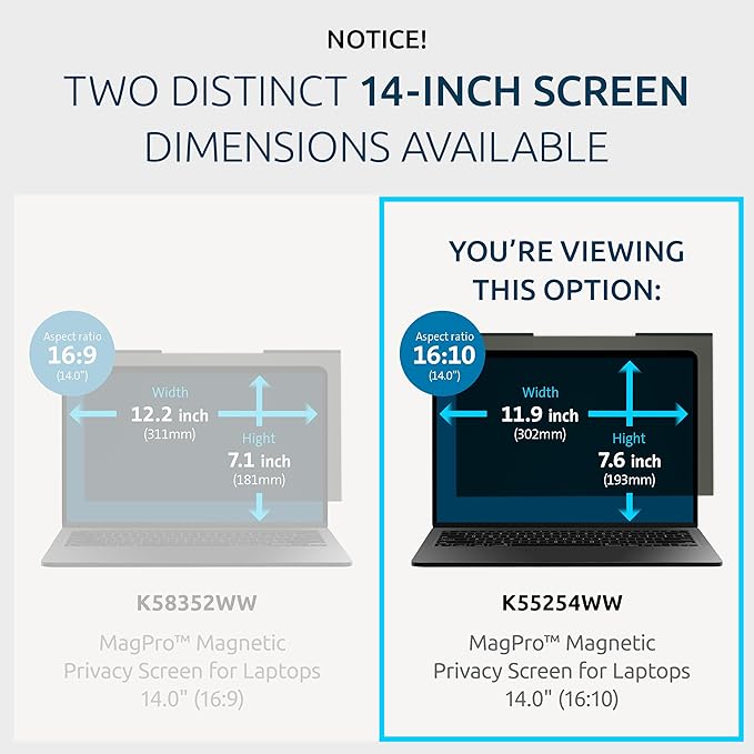 Kensington MagPro™ Magnetic Laptop Privacy Screen 14 inch, Removable 16:10 Laptop Privacy Filter, Anti-Glare, Blue Ray Reduction, Compatible with HP/Dell/Acer/Asus/Samsung/Lenovo (K55254WW)