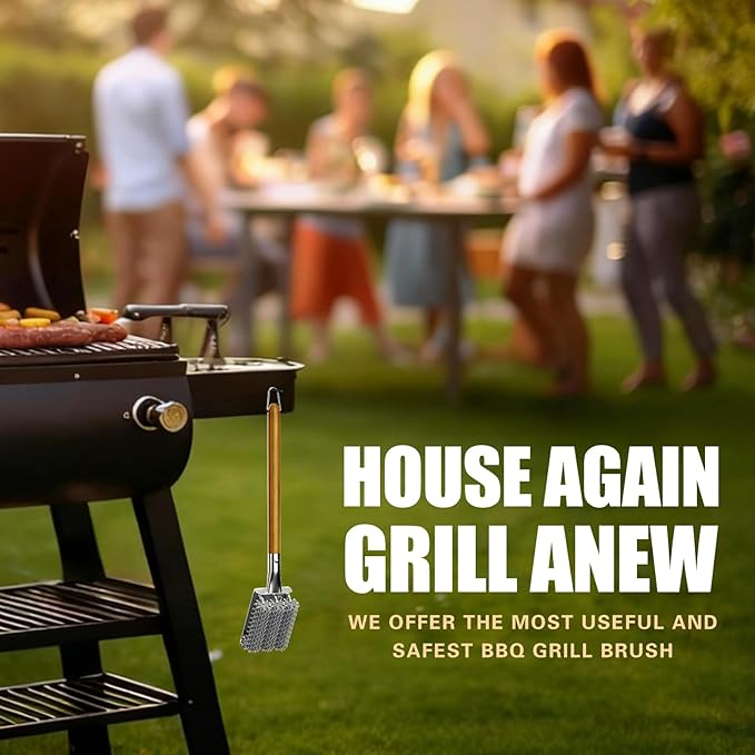 HOUSE AGAIN Grill Brush Bristle Free, 304 Stainless Steel Food-Grade Brush Head with Scraper, Safe BBQ Outdoor Grill Cleaning Brush Strong Barbecue Brush Cleaner Non Wire for Grill Grate/Wooden Handle