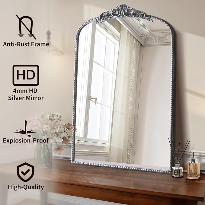 Micasso Vintage Traditional Silver Mirror: 24"x36" French Baroque Antique Mirror - Ornate Decorative Arched for Wall/Entryway/Fireplace/Hallway/Living Room - Home Decor for Bathroom