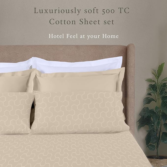 Threadmill Cotton Full Size Sheet Set | 500 Thread Count 100% Cotton Sheets for Full Size Bed | Damask Jacquard Full Bed Sheets Set 16” Deep Pocket | Soft Sateen 4-Piece Cooling Bedding Set | Beige