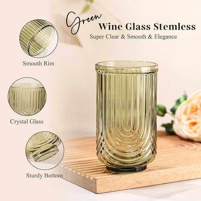 Green Vintage Drinking Glasses Set of 6-17oz Hand-Blown Highball Ribbed Glassware, Arch Design Cocktail Glasses for Whiskey Water Beverages Ice Coffee Juice Milk